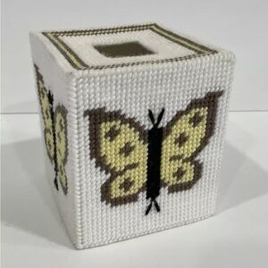 Cross Stitched Tissue Box Cover Butterfly Hand Stitched Needlepoint 5”x5”x6”H